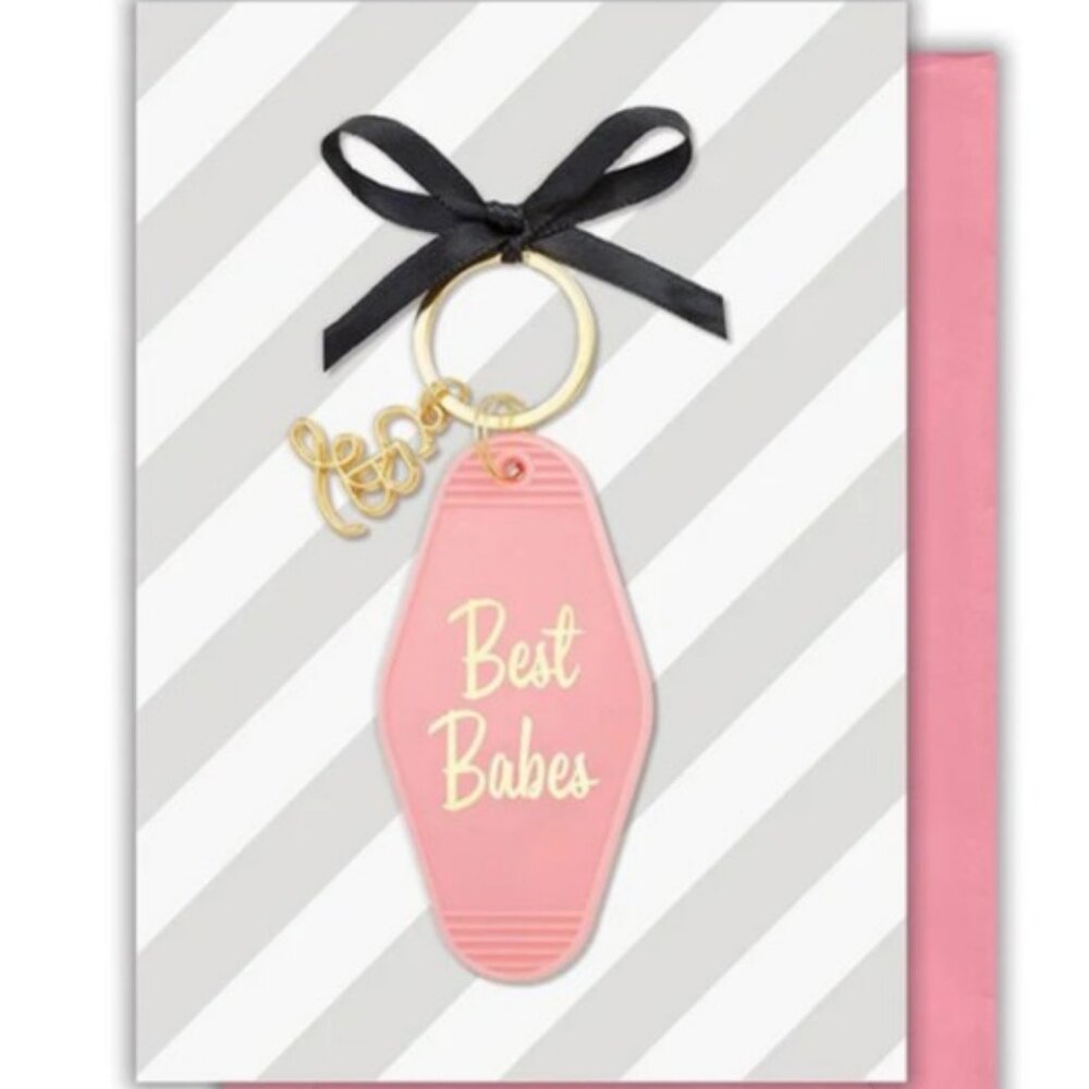 Set of 2, Best Babes Birthday Card with Vintage Inspired Motel Keychain
